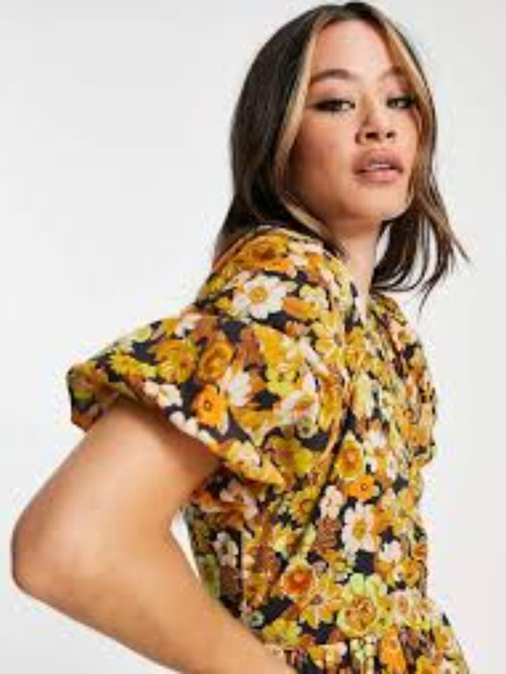 Top Shop Floral Puff Sleeve Crop Top in Yellow and Black Size 8 - Picture 6 of 6